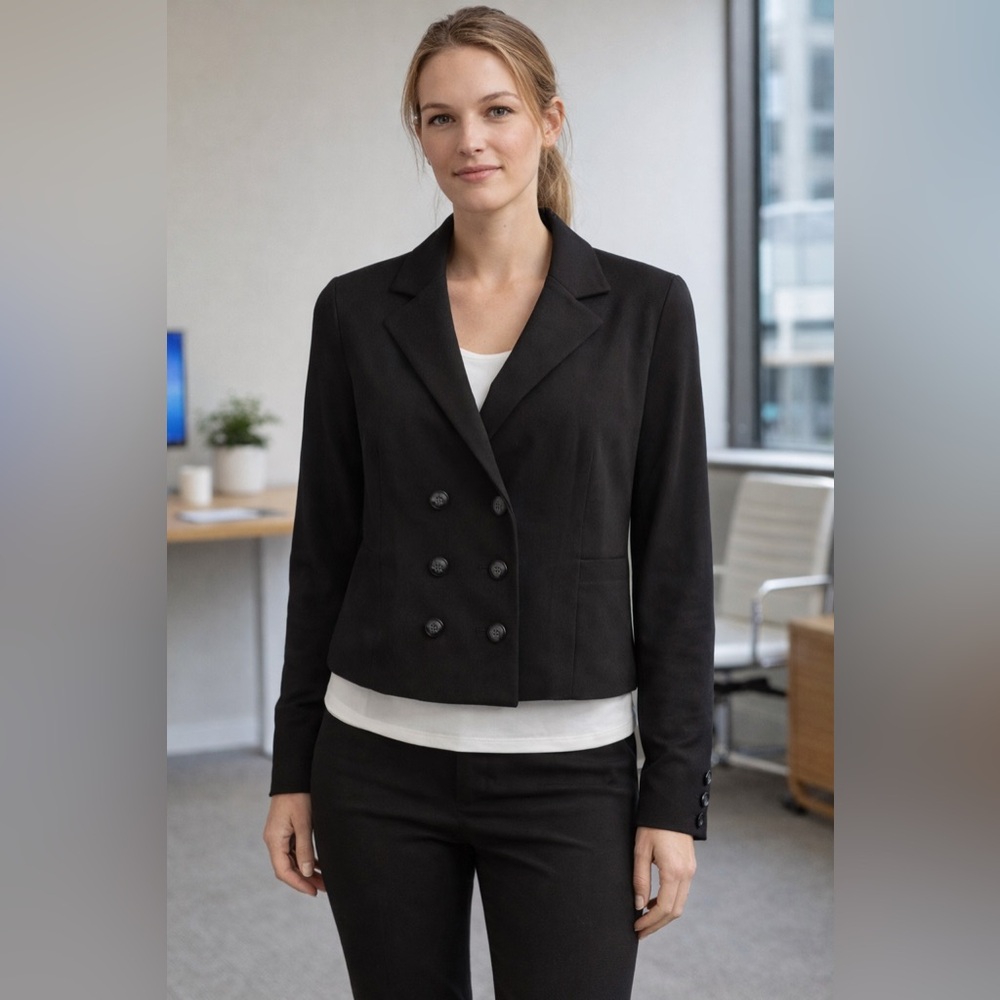 CAbi Style 215 Colette Ponte Cropped Blazer Black Double Breasted Size Medium